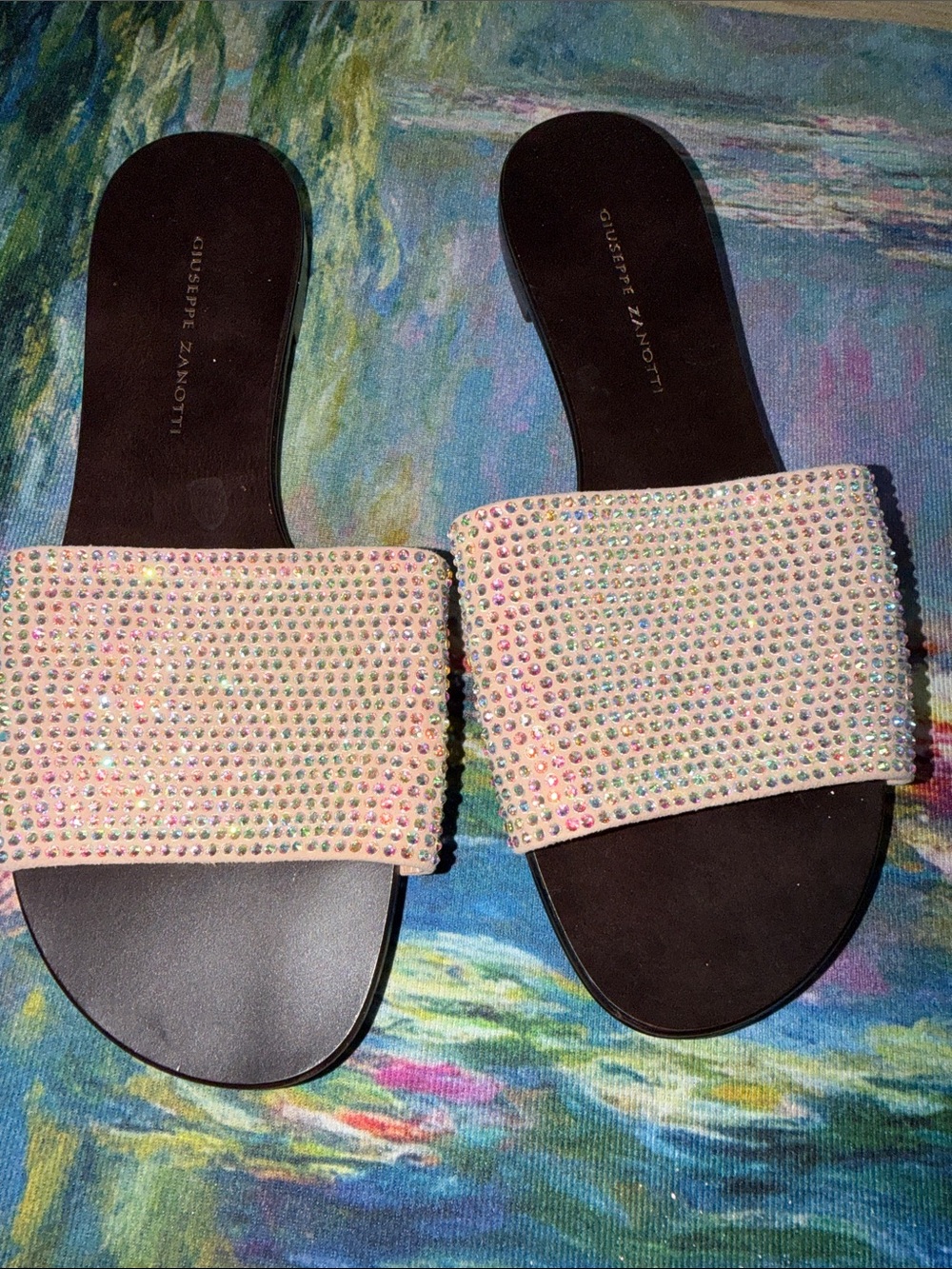 New Giuseppe Zanotti Leather Crystal Strap Slide Sandals - 37.5 IT / 7 US